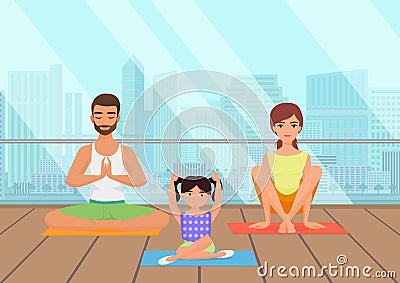 Young white people family meditating in fitness room on the city background. Vector Illustration