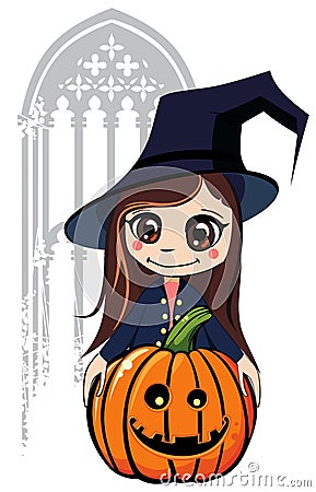 Young wich with her pumkin Stock Photo