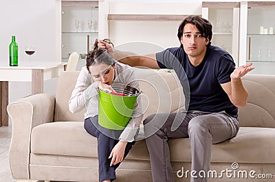 Young wife suffering from sick stomach and vomiting Stock Photo