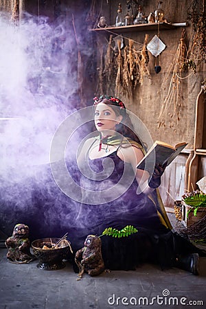A young witch with a book in her hands cooks a potion in a large black cauldron, emitting magical purple smoke Stock Photo