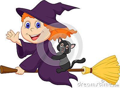 Young witch cartoon flying on on her broom Vector Illustration