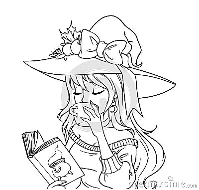 Young witch is drinking coffee and reading the book. Vector Illustration