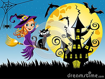 Young witch flying broom halloween night horizontal background Vector Illustration