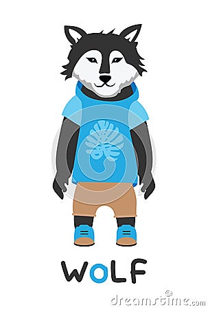 Young wolf in a jacket with a hood, art illustration. Card with fashion animals. Vector Illustration