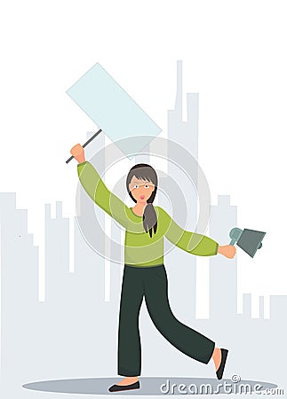 Young woman, activist holding banner, political strike, manifestation, human rights movements, woman's rights, flat vector Vector Illustration
