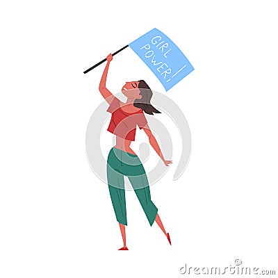 Young Woman Activist Holding Flag with Girl Power Inscription, Female Protester Character Statementing of her Rights Vector Illustration