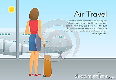 Young woman airplane passenger with luggage suitcase look at jet at the airport. Vacations, travel and active lifestyle Vector Illustration