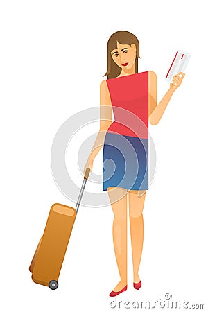 Young woman airplane passenger walking with luggage suitcase and ticket on white background. Vacations, travel and Vector Illustration