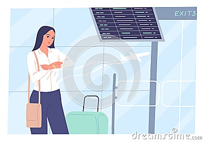 Young woman at the airport looking at her watch while standing at the board with flight timetable Vector Illustration
