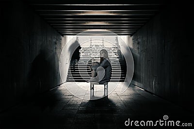 Young woman alone in a tunnel and strangers pass beyond. Stock Photo