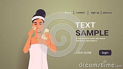 Young woman applying foundation cream dressed in towel girl cleaning her face skincare spa facial treatment concept Vector Illustration