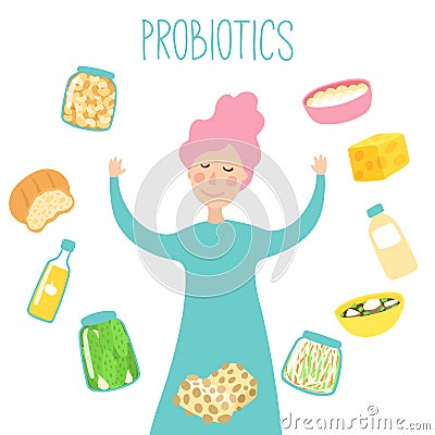 Young woman around probiotic foods. The best probiotic foods for a healthful diet Flat style Vector Illustration