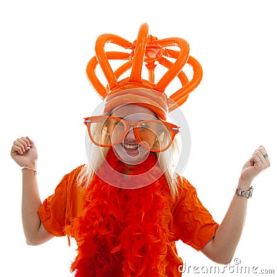 Young woman as Dutch orange supporter with crown Stock Photo