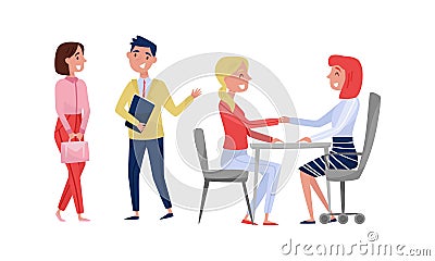 Young Woman as Employee Applicant Having Job Interview with HR Specialist Vector Illustration Set Vector Illustration