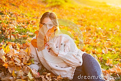 Young woman with autumn leaves in hand and fall yellow maple. Flirty girl dreamy posing. Beauty of eyes. Stock Photo