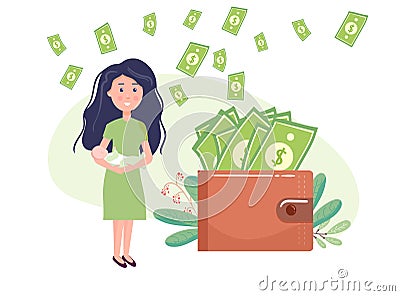 Young woman with baby , money, purse. flat rain of money. maternity and finance. vector flat design illustrations Vector Illustration