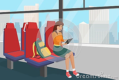 Young woman with backpack browsing tablet in the public vehicle or train vector illustration. Vector Illustration