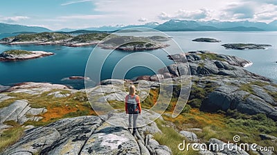 A young woman with a backpack is standing on a rock in the middle of a fjord in Norway. Generative AI Stock Photo