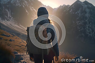 Young woman backpacker enjoy the view at mountain. Generative AI Stock Photo