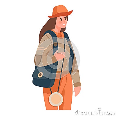 Young woman backpacking through nature, smiling Vector Illustration