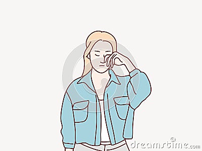 Young woman bad mood sad her cry wipe tears with fingers simple korean style illustration Vector Illustration