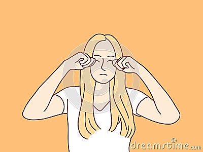 Young woman bad mood sad her cry wipe tears two hand simple korean style illustration Vector Illustration