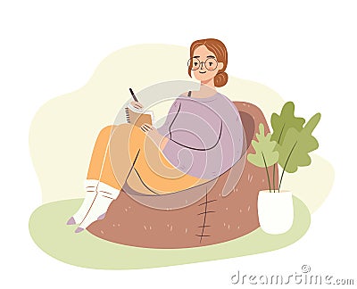 Young woman in bag chair studying. Student girl writing in notebook, journaling. Hygge home atmosphere. Flat vector Vector Illustration