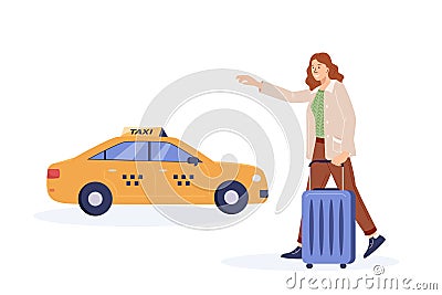 Young woman with baggage go to taxi stop. Girl with suitcase catches taxi. City transport, transfer for tourists. Yellow Vector Illustration