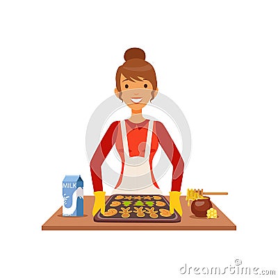 Young woman baking cookies, housewife girl cooking food in the kitchen flat vector Illustration Vector Illustration