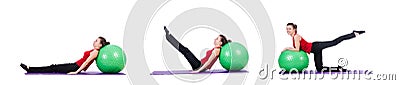 Young woman with ball exercising on white Stock Photo