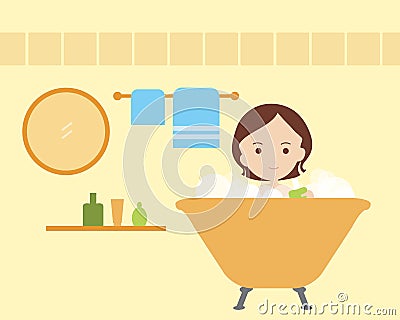 Young woman bathing in bathroom with towel, mirror and bath, iso Vector Illustration