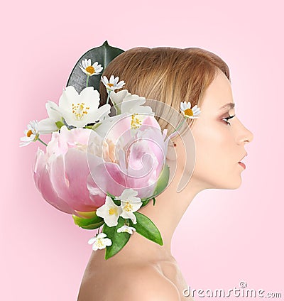 Young woman with beautiful flowers and leaves on light pink background. Stylish creative collage design Stock Photo