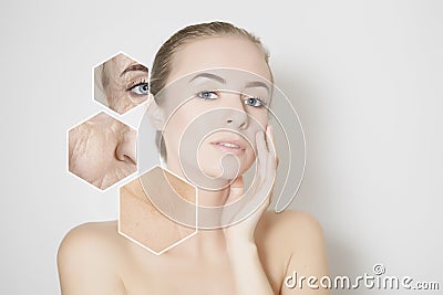 Young woman beauty face portrait with visualisation of old skin Stock Photo