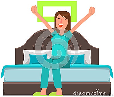 Girl stretching after sleep in bedroom. Cheerfully lady in morning. Woman yawns and wakes up Vector Illustration