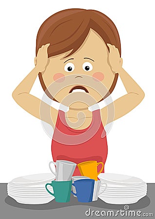 Young woman behind a sink filled with dirty plates holding her heads in disbelief isolated Vector Illustration