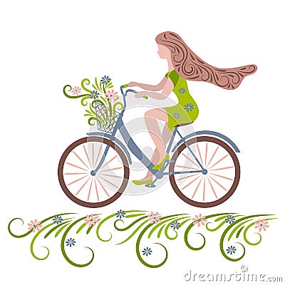 A young woman on a bicycle picked flowers in a field. Springtime. Vector illustration. Vector Illustration