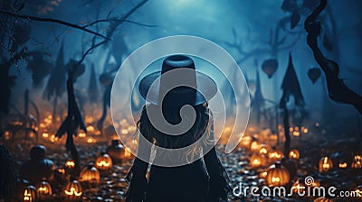 Young woman in black gothic clothing walks in wood on Halloween night Stock Photo