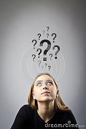 Young woman in black and question marks Stock Photo