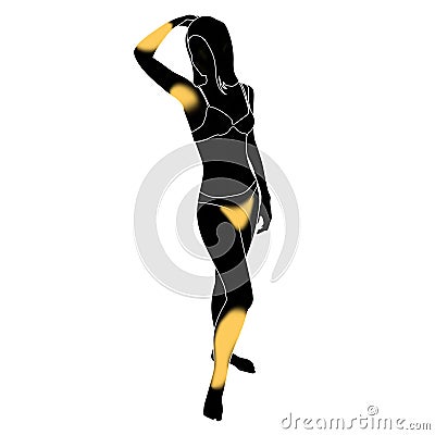 Young woman black silhouette holding her arm up and showing underarm, Epilation and depilation areas. Vector Illustration