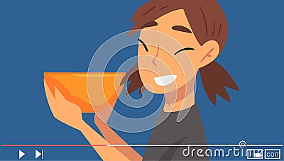 Young Woman Blogger Advertising Something Vector Illustration. Entertainment Vlog Concept Vector Illustration