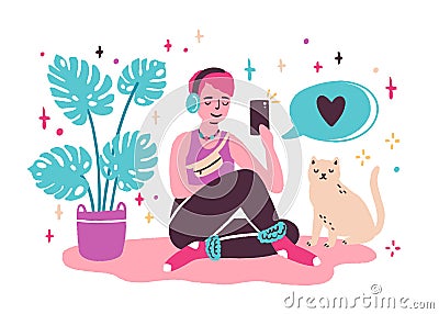 Young woman blogger sitting on the floor and taking selfie at home. Girl creating new content for blog, making new post Vector Illustration