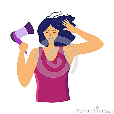 Young woman blow-dry her hair vector flat illustration Vector Illustration