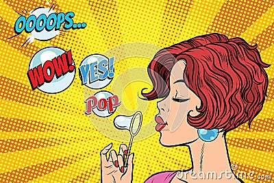 Young woman blowing air bubbles comic Vector Illustration