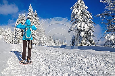 Young woman in blue jacked on winter trail Stock Photo
