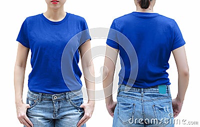 Young woman in blue shirt on white background. Stock Photo