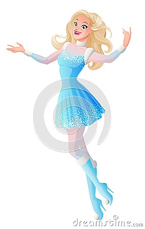 Young woman in blue winter fairy snow maiden costume flying and presenting Vector Illustration