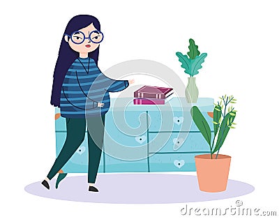 Young woman books in furniture potted plant, book day Vector Illustration