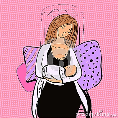 Young woman breastfeeding her baby, vector comics style motherhood illustration. Vector Illustration