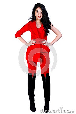 Woman in a bright red suit Stock Photo