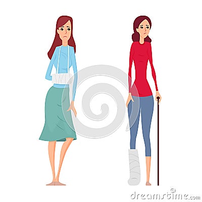 Young woman broken hand and leg vector illustration Vector Illustration